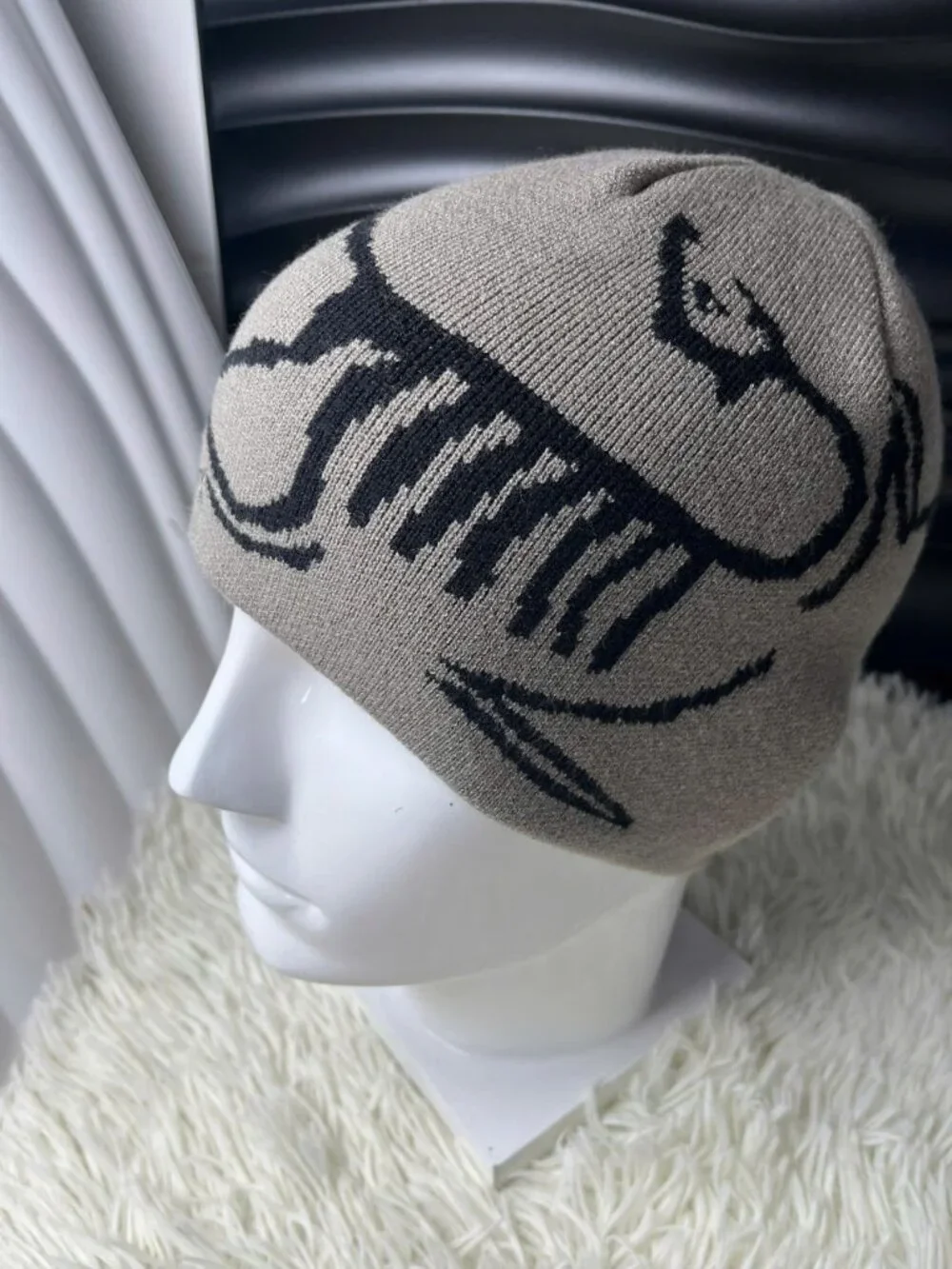 Taupe Bird Graphic Knit Beanie Unisex Winter Hat